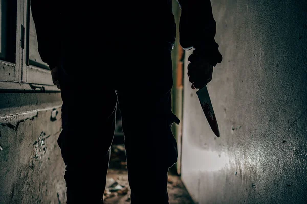 Murderer Held Blood Stained Knife Killed His Victim Very Terrifying — Stock Photo, Image