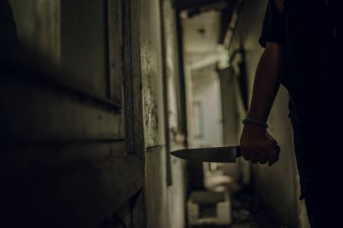 The shadow of a female murderer stood with a knife in a terrifying wasteland, illuminated from behind.Scary horror or thriller movie mood or nightmare at night Murder or homicide concept.
