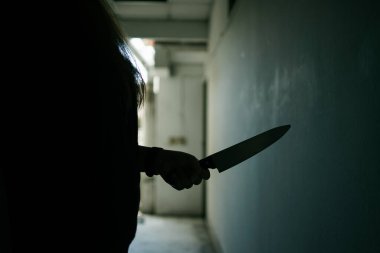 Kadın bir katilin gölgesi korkunç bir şekilde elinde bir bıçakla ve arkadan aydınlatılarak dikildi. Korku ya da gerilim filmi havası ya da gece vakti cinayet ya da cinayet kavramı. Bıçağa odaklan..