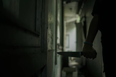 The shadow of a female murderer stood with a knife in a terrifying wasteland, illuminated from behind.Scary horror or thriller movie mood or nightmare at night Murder or homicide concept.Focus on the knife.