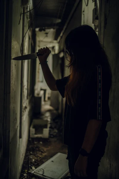 The shadow of a female murderer stood with a knife in a terrifying wasteland, illuminated from behind.Scary horror or thriller movie mood or nightmare at night Murder or homicide concept.