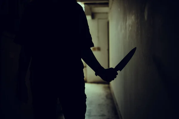 Shadow Female Murderer Stood Terrifyingly Holding Knife Lit Scary Horror — Photo
