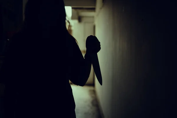 The shadow of a female murderer stood terrifyingly holding a knife and lit from behind.Scary horror or thriller movie mood or nightmare at night Murder or homicide concept.