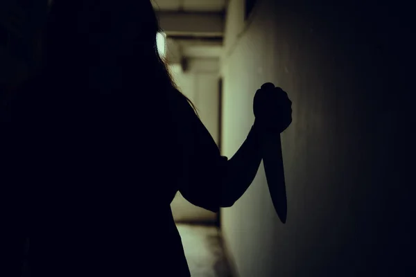 The shadow of a female murderer stood terrifyingly holding a knife and lit from behind.Scary horror or thriller movie mood or nightmare at night Murder or homicide concept.