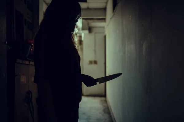 The shadow of a female murderer stood terrifyingly holding a knife and lit from behind.Scary horror or thriller movie mood or nightmare at night Murder or homicide concept.