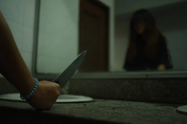 Murder Woman Holding Knife Looking Mirror Bathroom Scary Horror Thriller — Stock Photo, Image