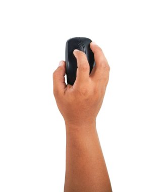 Bir adamın elini fareye bastırması. Sosyal Hastalık ve dizüstü bilgisayar bağımlılığı. Beyaz arka plan izole edildi. Üst görünüm