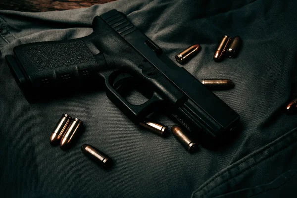Black 9Mm Pistol Black Gray Fabric Background 9Mm Ammunition Next — Stockfoto