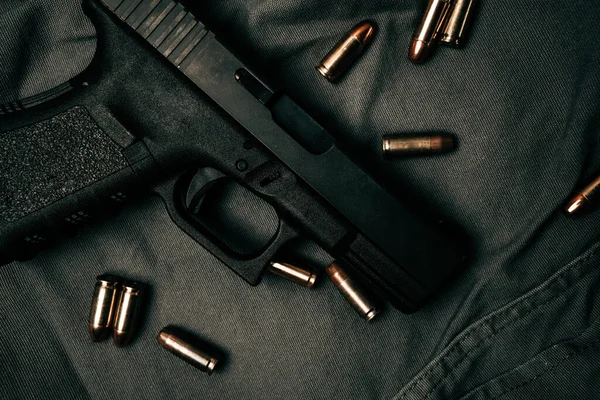 Black 9Mm Pistol Black Gray Fabric Background 9Mm Ammunition Next — Stockfoto
