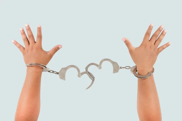 Man Hands Being Uncuffed White Background Isolated Clipping Path Corruption — Stock fotografie