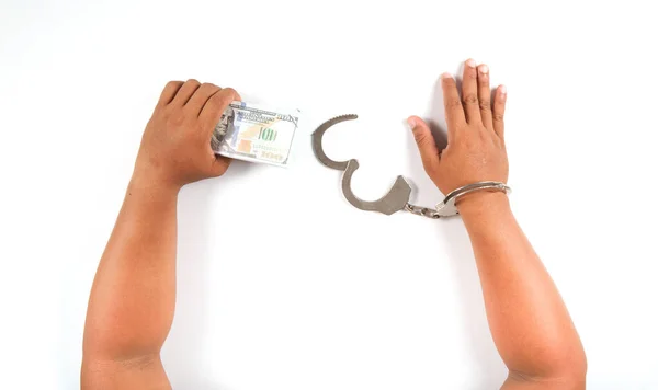 Man Hand Uncuffed Other Hand Holding Dollar Bill White Background — Φωτογραφία Αρχείου