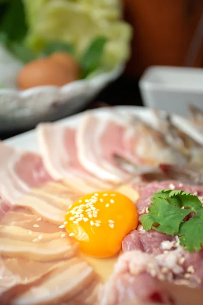Sliced Raw Pork Fresh Chicken Eggs Fresh Vegetables Isaan Thai — Foto de Stock