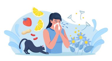 Woman with allergy from pollen, cat fur, citrus, peanuts or berry. Runny nose and watery eyes. Seasonal disease. Causes of allergy. Illness with cough, cold and sneeze symptoms clipart