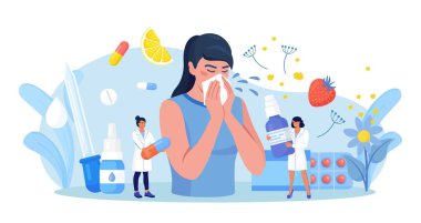 Woman with allergy from pollen, citrus, berry. Runny nose and watery eyes. Seasonal disease. Illness with cough, cold and sneeze symptoms. Doctor treat allergy with medicines, pills clipart