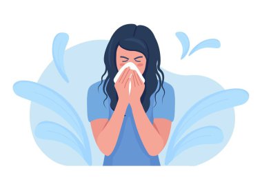 Female character sneezing, coughing in tissue. Prevention against virus, infection. Sick woman sneeze in handkerchief to prevent germs from flying from their mouths. Season allergy. Virus protection clipart