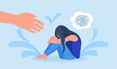 Psychologist hand helps sad woman to get rid of depression. Unhappy girl crying, covering her face, hugs her knees. Lonely person needs support, care because of sorrow, anxiety, stress. Mental health clipart