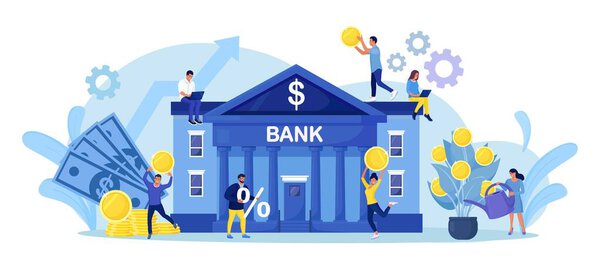 Bank building with money tree. Tiny People holds gold coins near Government Finance Department or Tax Office Column Building.