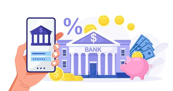 モバイルバンキングと金融管理 インターネットの支払い 転送および預金 人間の手は オンライン銀行や会計のためのスマートフォンを保持します 将来の投資のための節約を管理する — ストックベクタ