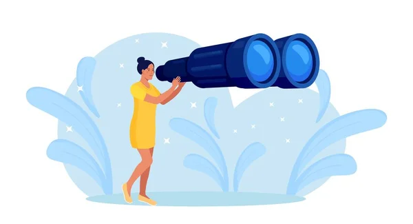 Woman Looking Big Binoculars Far Ahead Looking Something Girl Watching — Stock Vector