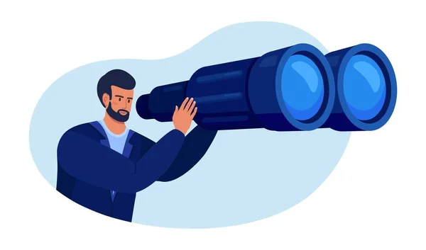 Man Looking Big Binoculars Far Ahead Looking Something Person Watching — Stock Vector