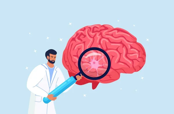 Scientifique Médecin Tenant Une Loupe Avec Une Cellule Nerveuse Diagnostic — Image vectorielle