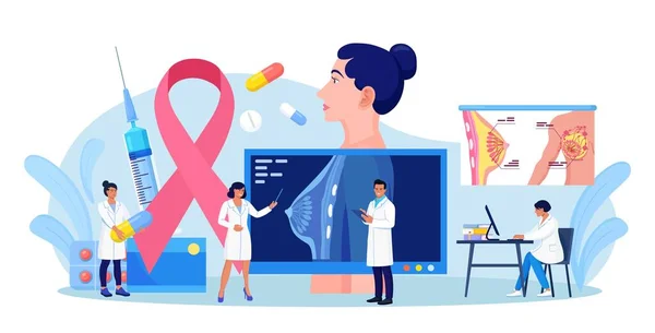 Cancer Sein Minuscules Médecins Mammologistes Examinent Patiente Pour Traiter Cancer — Image vectorielle