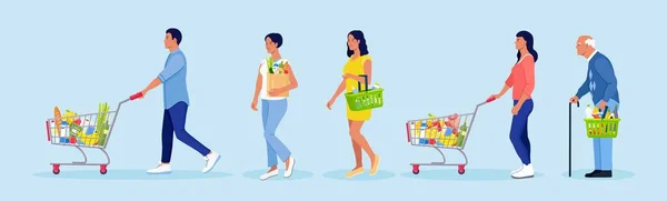 Market Kuyruğu Alışveriş Arabaları Sepeti Yiyecek Dolu Eco Çantası Olan — Stok Vektör