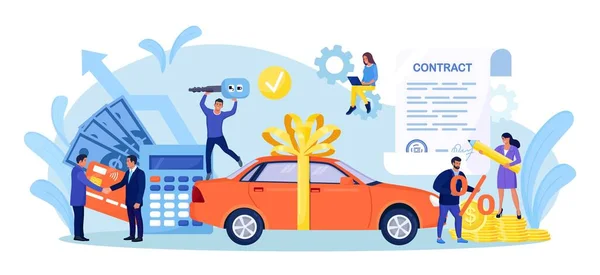 Comprar Auto Nuevo Alquiler Auto Compartir Coche Empresarios Firmando Contrato — Vector de stock