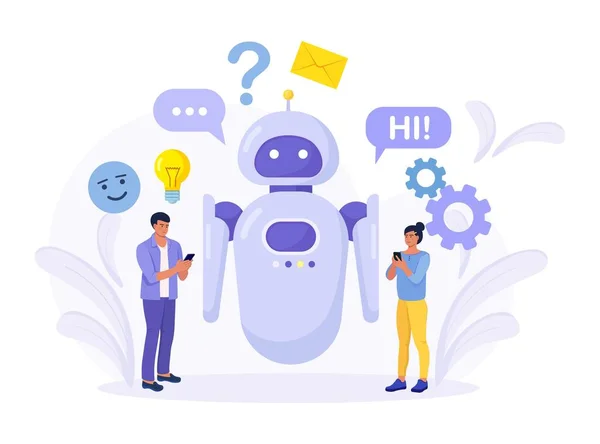 Apró Emberek Csevegnek Chatbot Alkalmazással Robot Asszisztens Online Ügyfélszolgálat Chat — Stock Vector