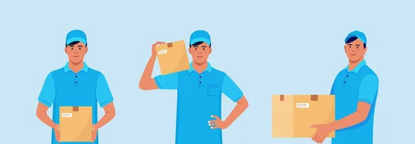 Set Delivery Men Carton Box Hands Courier Cap Parcel — Stock Vector