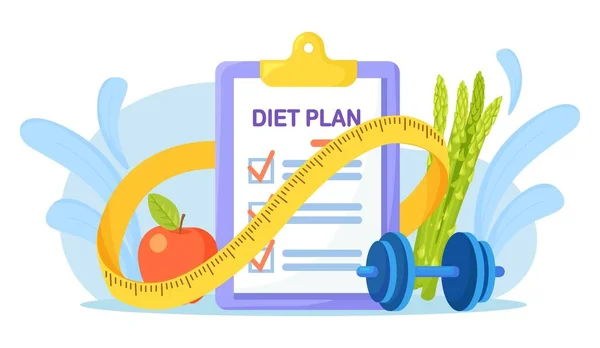 Diétás Terv Ellenőrző Lista Zöldségekkel Gyümölcsökkel Mérőszalaggal Táplálkozás Fogyás Kalória — Stock Vector