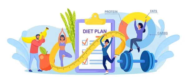 Diétás Ellenőrzőlista Emberek Testmozgás Edzés Tervezés Diéta Gyümölcsök Zöldségek Egy — Stock Vector