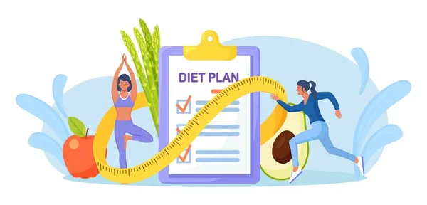 다이어트 리스트 사람들은 채소로 운동을 훈련을 다이어트를 계획한다 다이어트 개인적 — 스톡 벡터