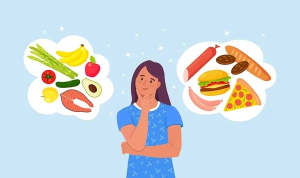 Mujer Elegir Entre Alimentos Saludables Saludables Comida Rápida Equilibrada Comparación — Archivo Imágenes Vectoriales