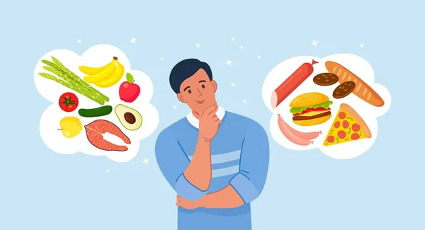 Ember Választja Egészséges Egészségtelen Ételeket Fast Food Kiegyensúlyozott Menü Összehasonlítás — Stock Vector