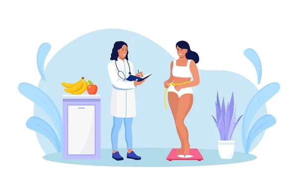 女の子はうろこに立っている ダイエット中のかなり若い女性は体重を制御しようとしています 食事療法の医者は減量のための太りすぎ及び肥満の人々のための食事療法の計画を作る 健康的なライフスタイル 食事のコンセプト — ストックベクタ