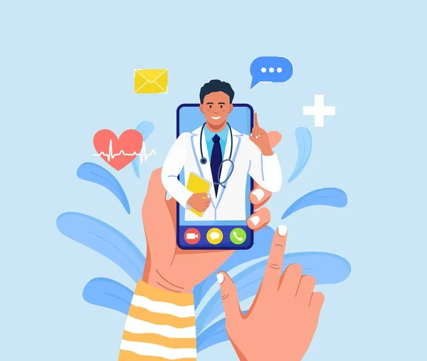 Doktorla Çevrimiçi Istişare Sanal Ilaç Sıhhiyeyle Telefon Ekranı Kurye Sohbetinde — Stok Vektör