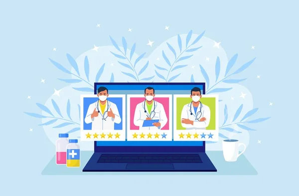 Doctors Ranking Computer Screen Patients Analyzing Evaluating Best Physicians Profiles — Stock Vector