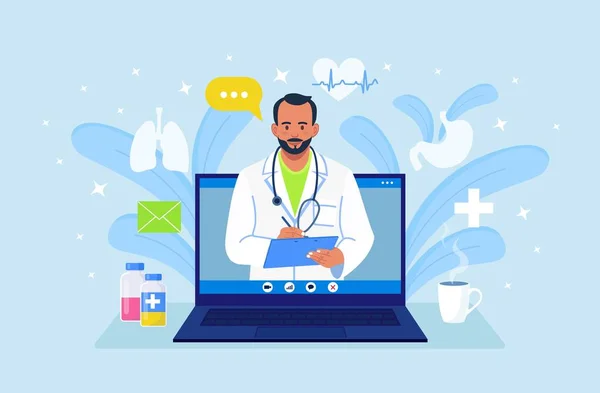 온라인 치료사한테 온라인 서비스 의사들은 인터넷을 진단을내린다 코트를 노트북 화면에 — 스톡 벡터