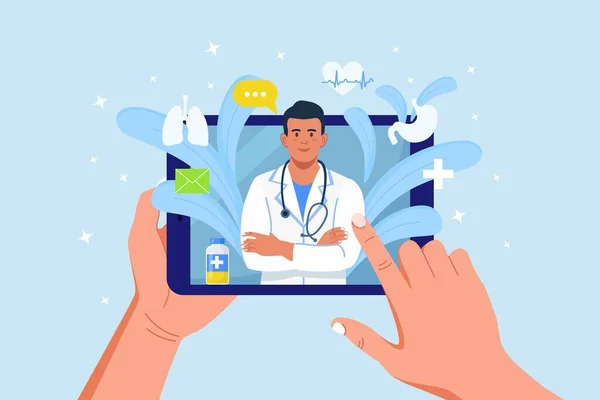 Online Consultation Doctor Virtual Medicine Computer Screen Medic Chat Messenger — Stock Vector