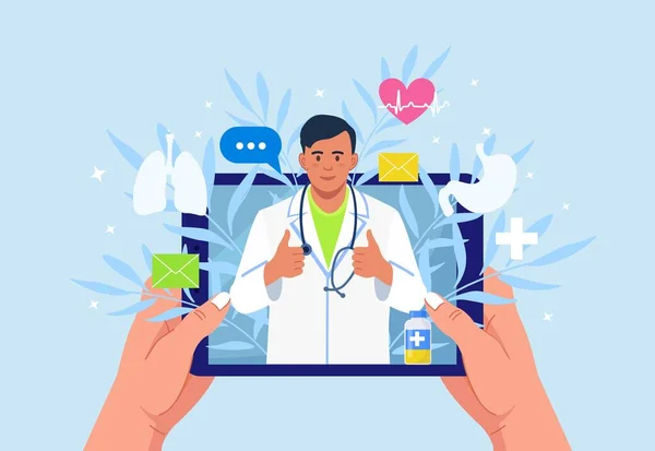 Consultare Online Medicul Medicină Virtuală Tabletă Ecran Medic Chat Messenger — Vector de stoc