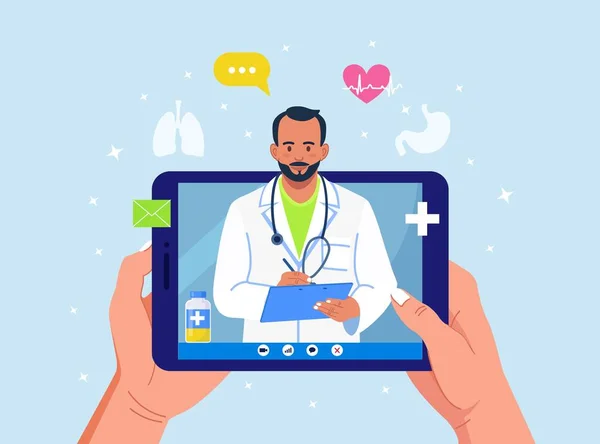 Online Consultation Doctor Virtual Medicine Tablet Screen Medic Chat Messenger — Stock Vector