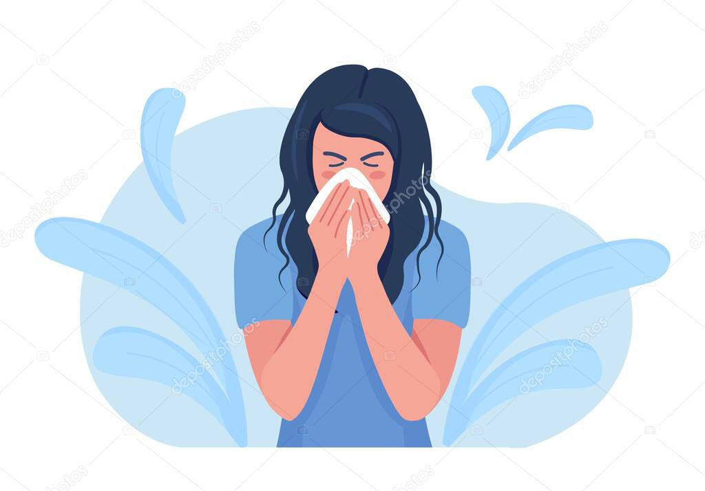 Female character sneezing, coughing in tissue. Prevention against virus, infection. Sick woman sneeze in handkerchief to prevent germs from flying from their mouths. Season allergy. Virus protection