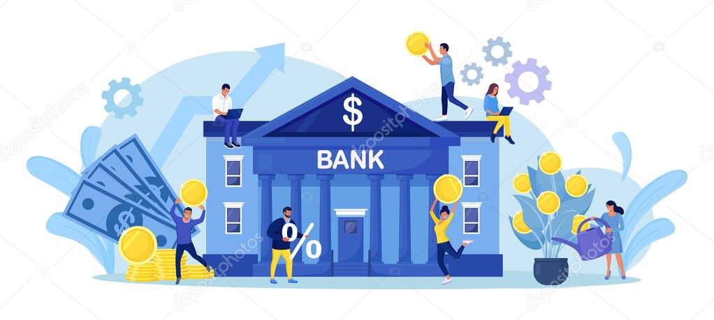 Bank building with money tree. Tiny People holds gold coins near Government Finance Department or Tax Office Column Building.