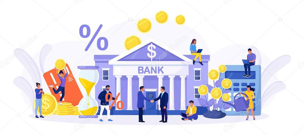 Bank building with money tree. Tiny People holds gold coins near Government Finance Department or Tax Office Column Building.