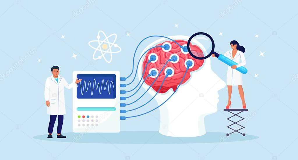 Doctor neurologist, neuroscientist, physician study brain connected to display with EEG indication. Neurology, neuroscience, electroencephalography concept.