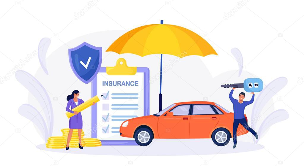 Car insurance policy form with shield, umbrella. Insurance agent or salesman providing security document. People buying auto, leasing Protection, warranty of vehicle from accident, damage or collision