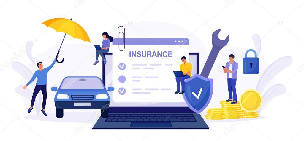 Car insurance policy form on laptop screen. Insurance agent or salesman providing security document. People buying auto, leasing. Protection, warranty of vehicle from accident, damage or collision