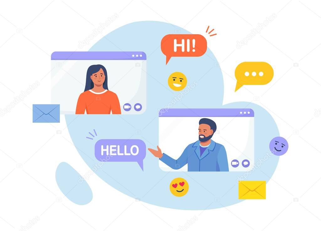 Video call conference and virtual meeting. Dating app and remote relationship. Man at desktop chatting with woman online. Messaging with chat app or social network. Internet conversation, webinar