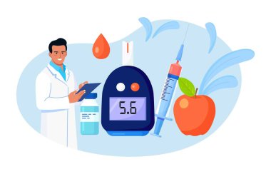 Doctor testing blood for sugar and glucose, using  glucometer for hypoglycemia or diabetes diagnosis. Physician with laboratory test equipment, syringe and vial, insulin clipart